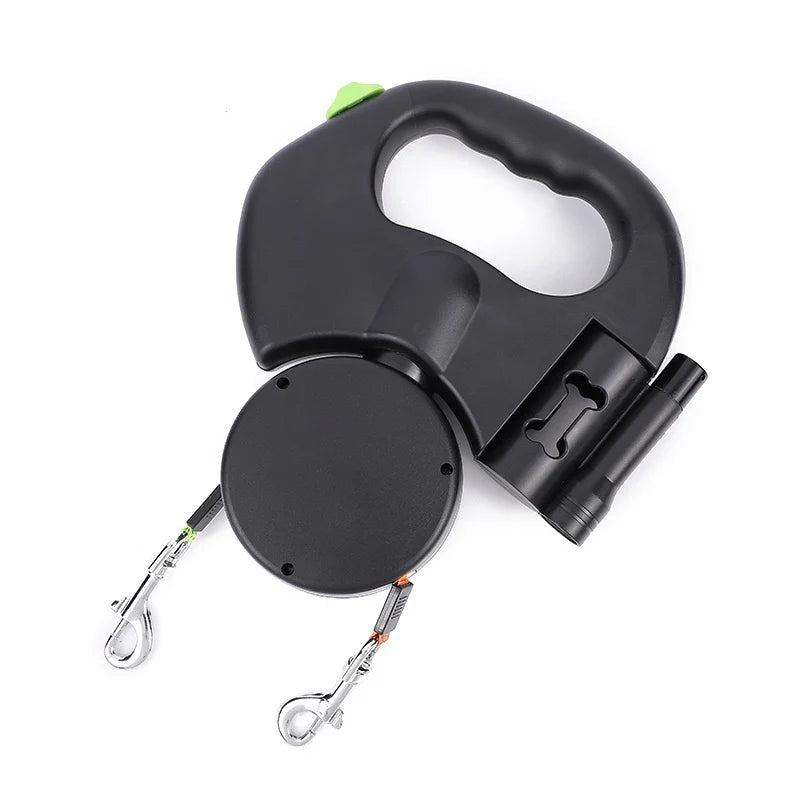 Dual Retractable Dog Leash with Flashlight & Poop Bag Dispenser | 360° No-Tangle Double Lead