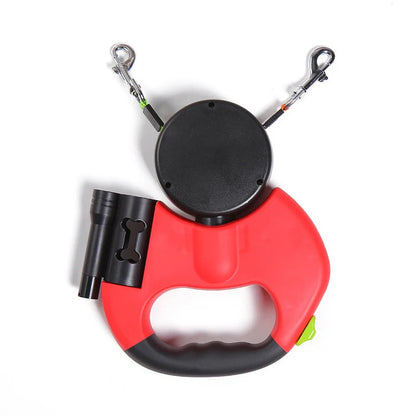 Dual Retractable Dog Leash with Flashlight & Poop Bag Dispenser | 360° No-Tangle Double Lead