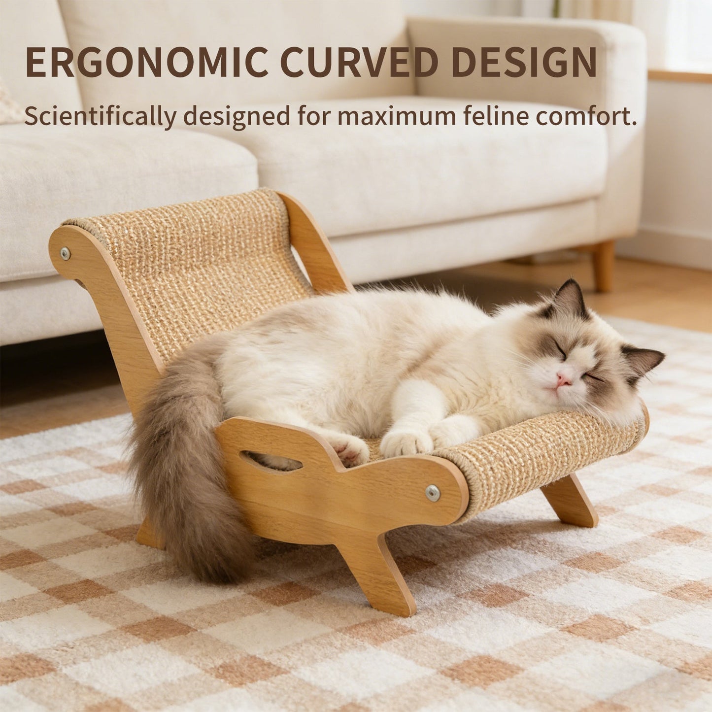 2-in-1 Cat Recliner Scraper Board & Sofa Bed - Scratch Resistant, Low Lint Wooden Cat Scratcher Bed with Replaceable Scratching Pad, Multi-Functional Cat Furniture for Indoor Cats