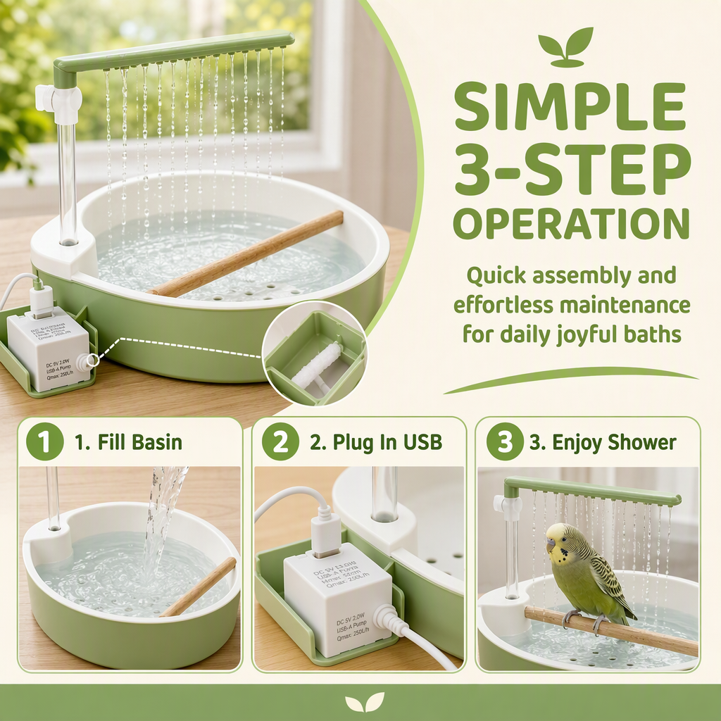 NobleClaws™ Parrot Shower Cage Bird Bath USB Pump Detachable