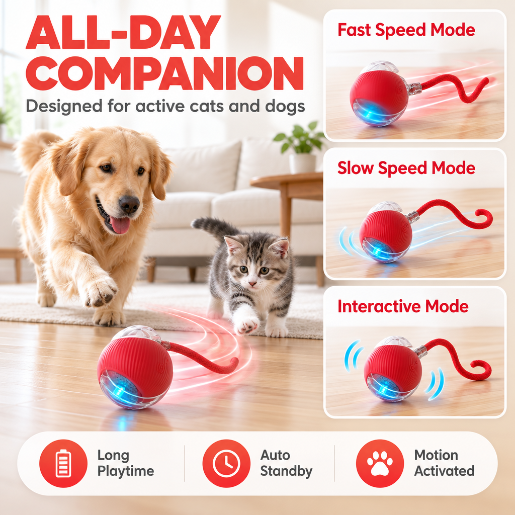 The Boredom Buster: Smart Self-Moving Ball for Bored Cats & Dogs